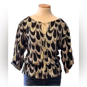 Trina Turk Black and Gold Patterned Blouse